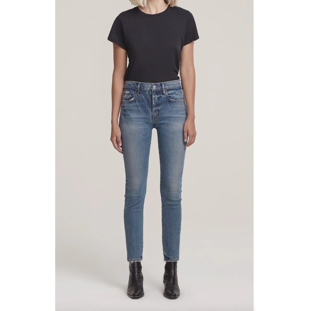 AGOLDE Toni Mid Rise Straight Leg Jeans Blue Distressed Raw Hem Size 24 Toni
